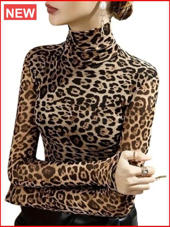 Tops - Leopard Print Mock Turtle Neck Long Sleeve Slim Fit T-Shirt